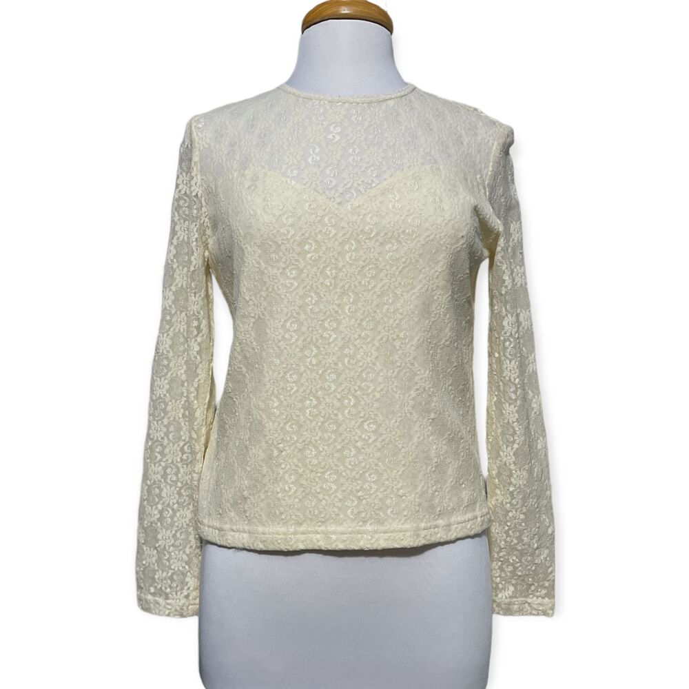 Bonjour Vintage Womens Blouse Size L Cream Beige Long Sleeve Lace